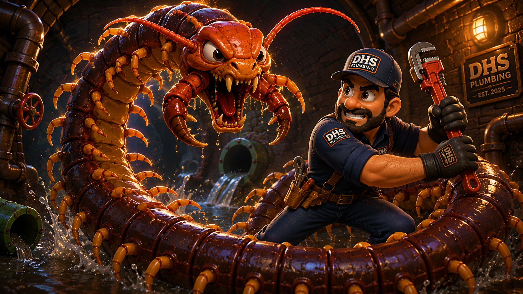 The DHS Plumbing mascot Flux Finn squaring off against a giant drain-creeper centipede with a pipe wrench in a Sacramento service tunnel