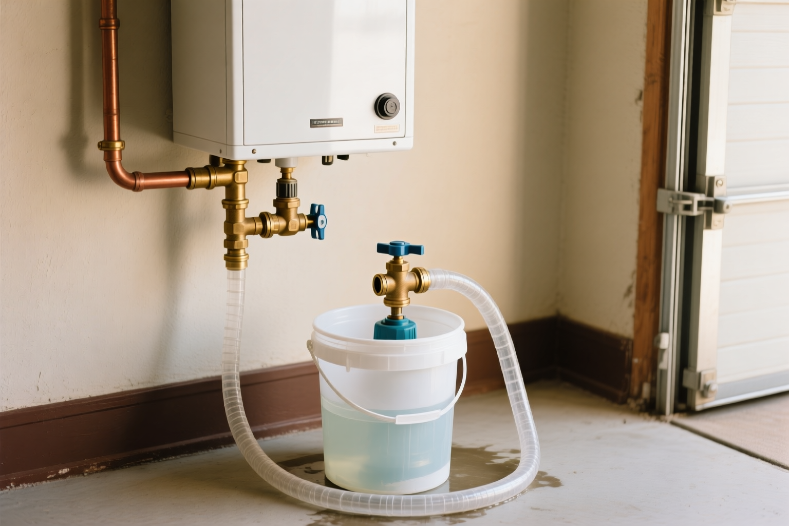 A descaling pump and hose connected to the isolation valves on a tankless unit for a vinegar flush