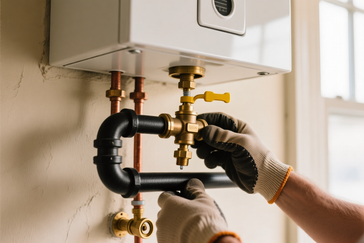 An installer securing the gas line fitting behind a newly mounted tankless unit in a Roseville garage