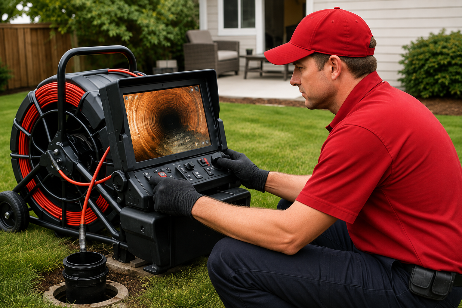 A DHS technician crouched at a sewer cleanout, watching the camera monitor show the inside of the line