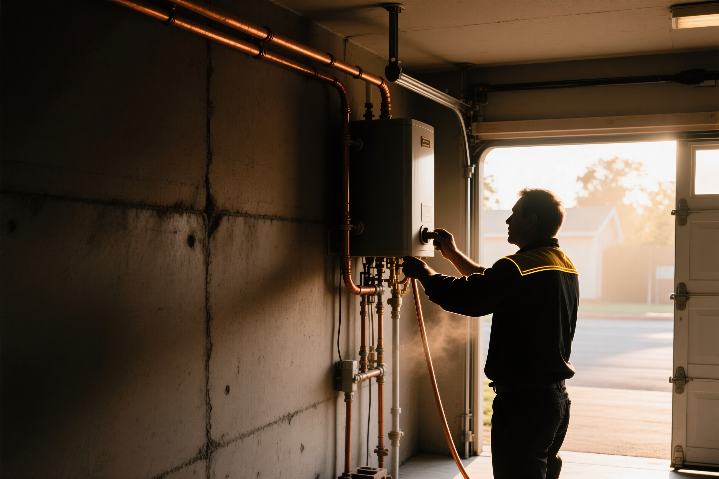 A DHS technician connecting supply lines at a water heater in a Sacramento-area garage