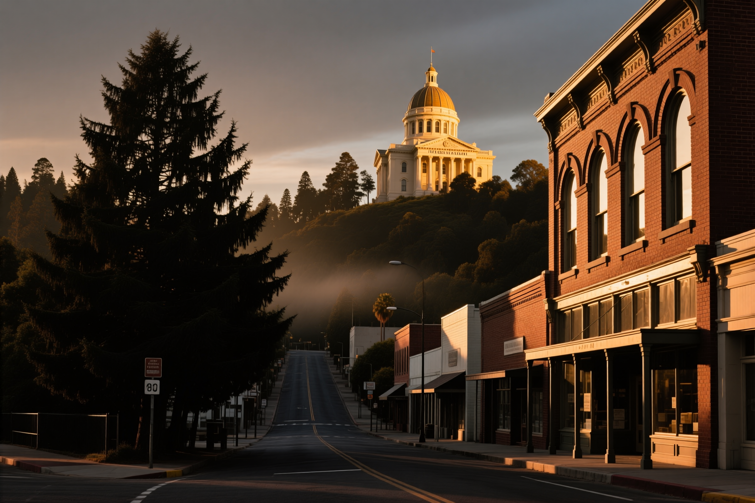 A historic building near Old Town Auburn with the Placer County Courthouse visible on the hill