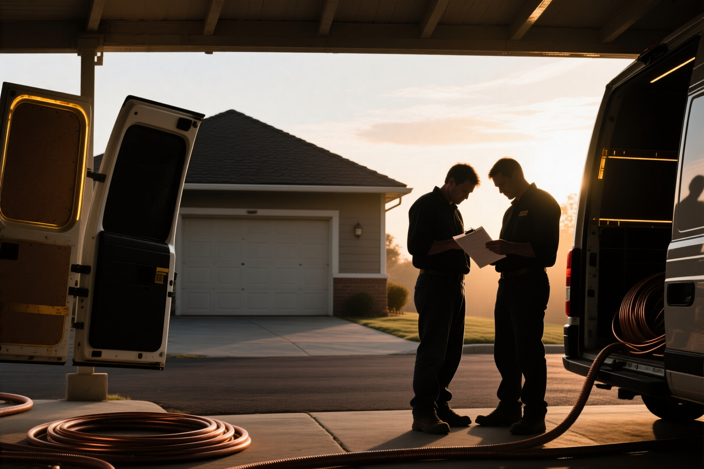 Two DHS technicians going over a job sheet together at the open doors of the service van