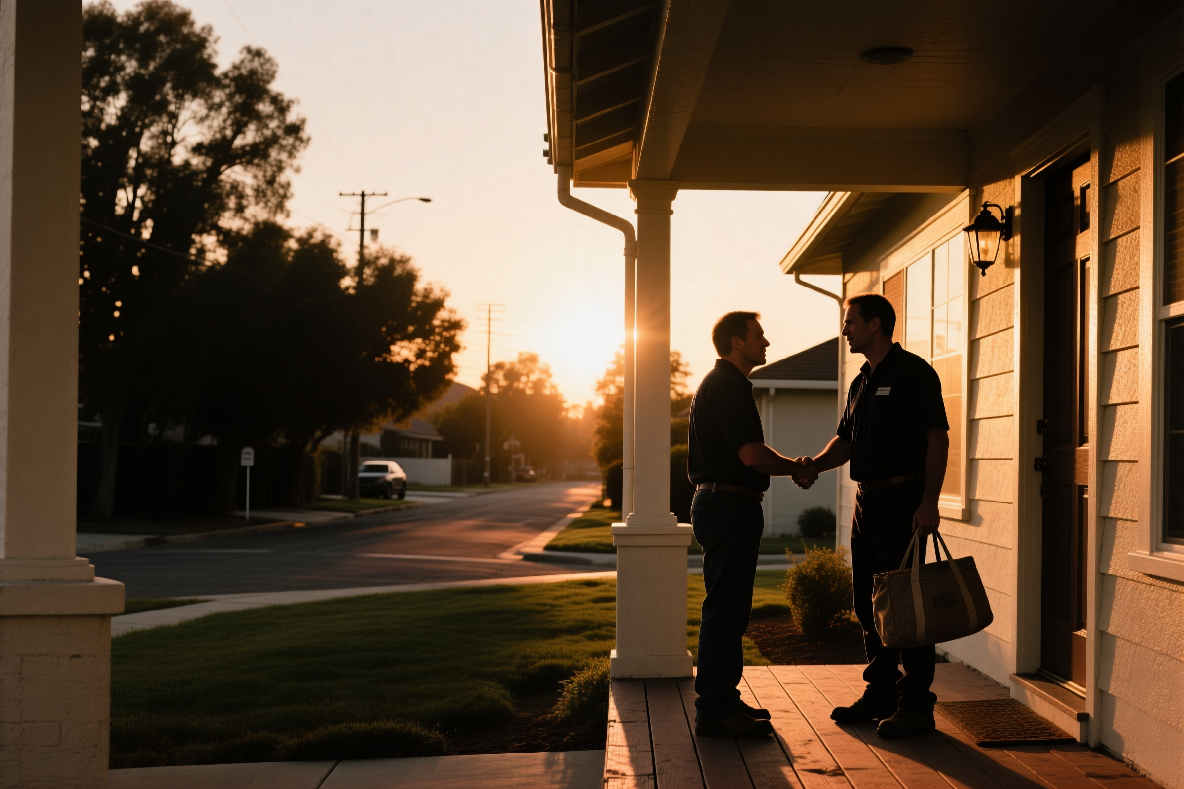 A DHS technician shaking hands with a homeowner on their front porch at sunset, tool bag in hand