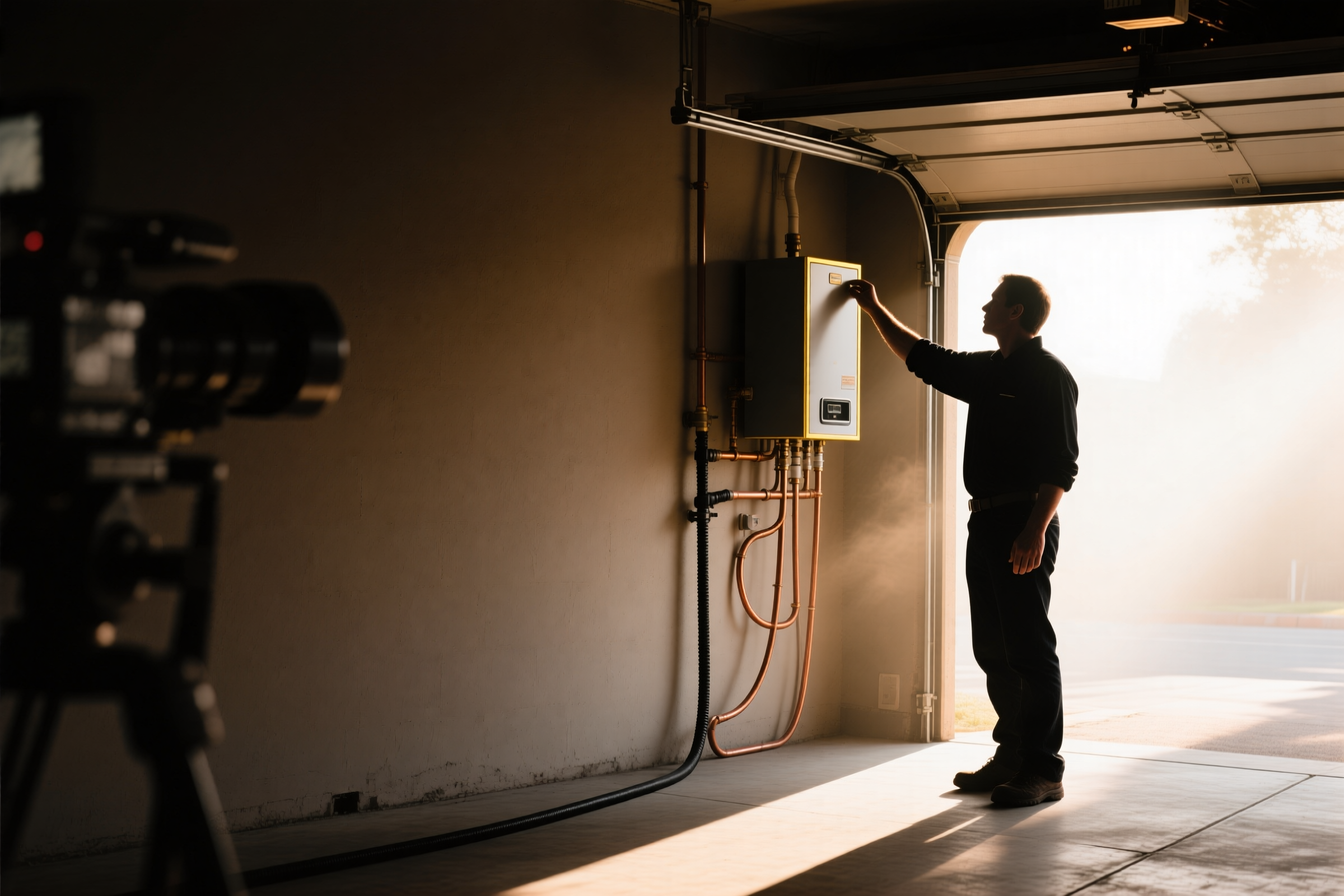 A plumber working at a wall-mounted tankless water heater in a Sacramento garage, silhouetted against the open door