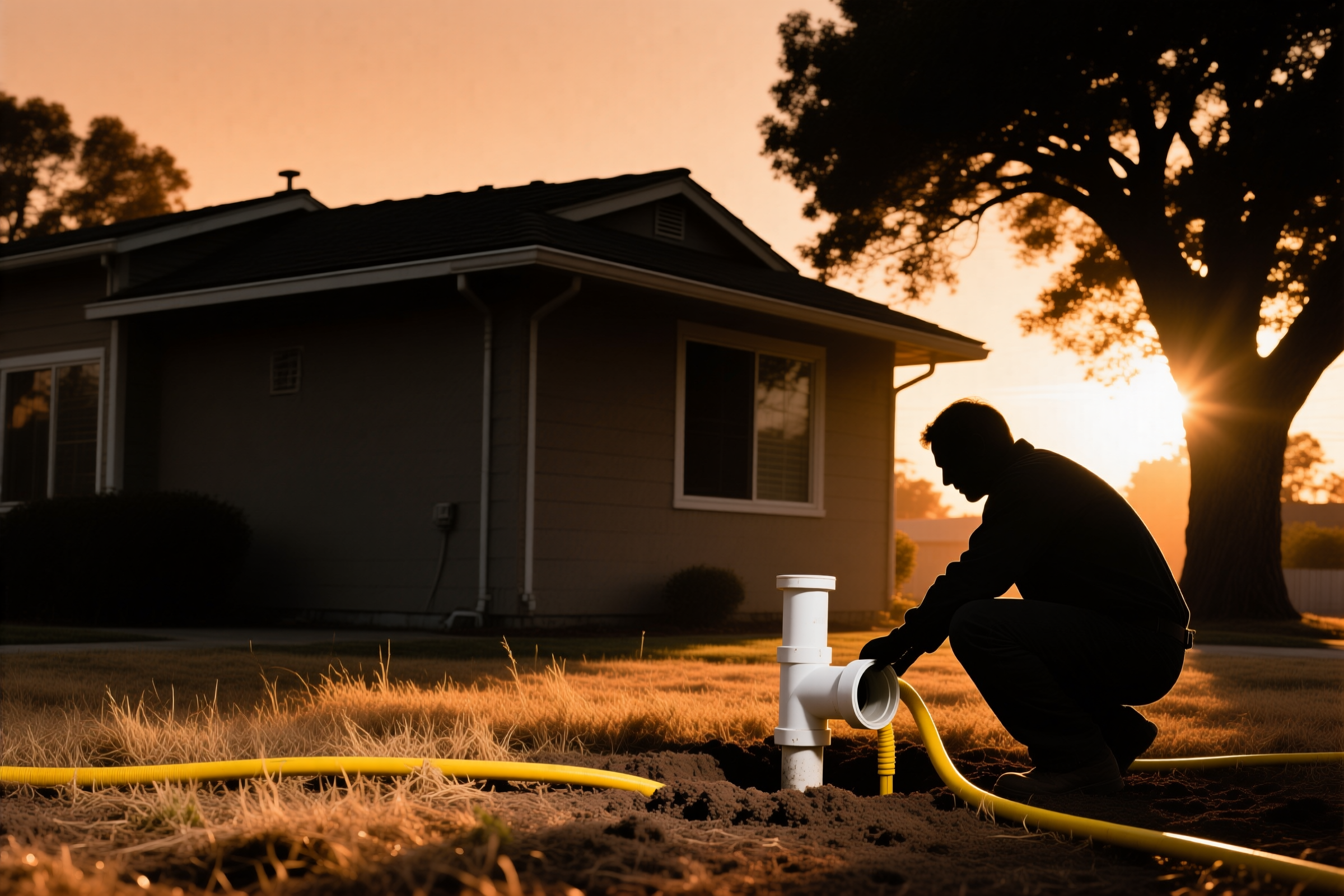 A plumber feeding a camera cable into a sewer cleanout at sunset, silhouetted against the low sun