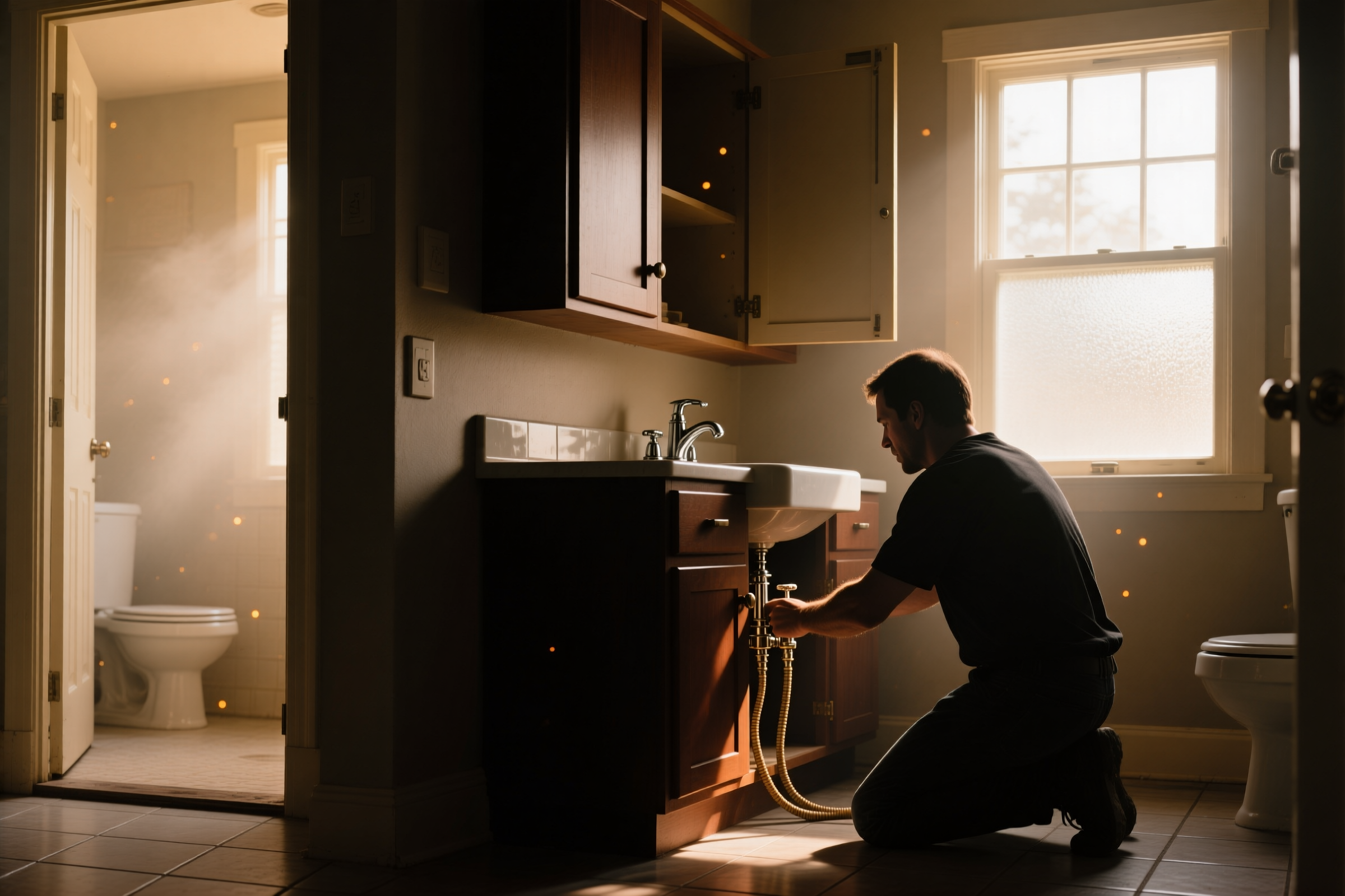 A plumber working on the shutoff valves and supply lines inside a bathroom vanity cabinet, lit from the window behind