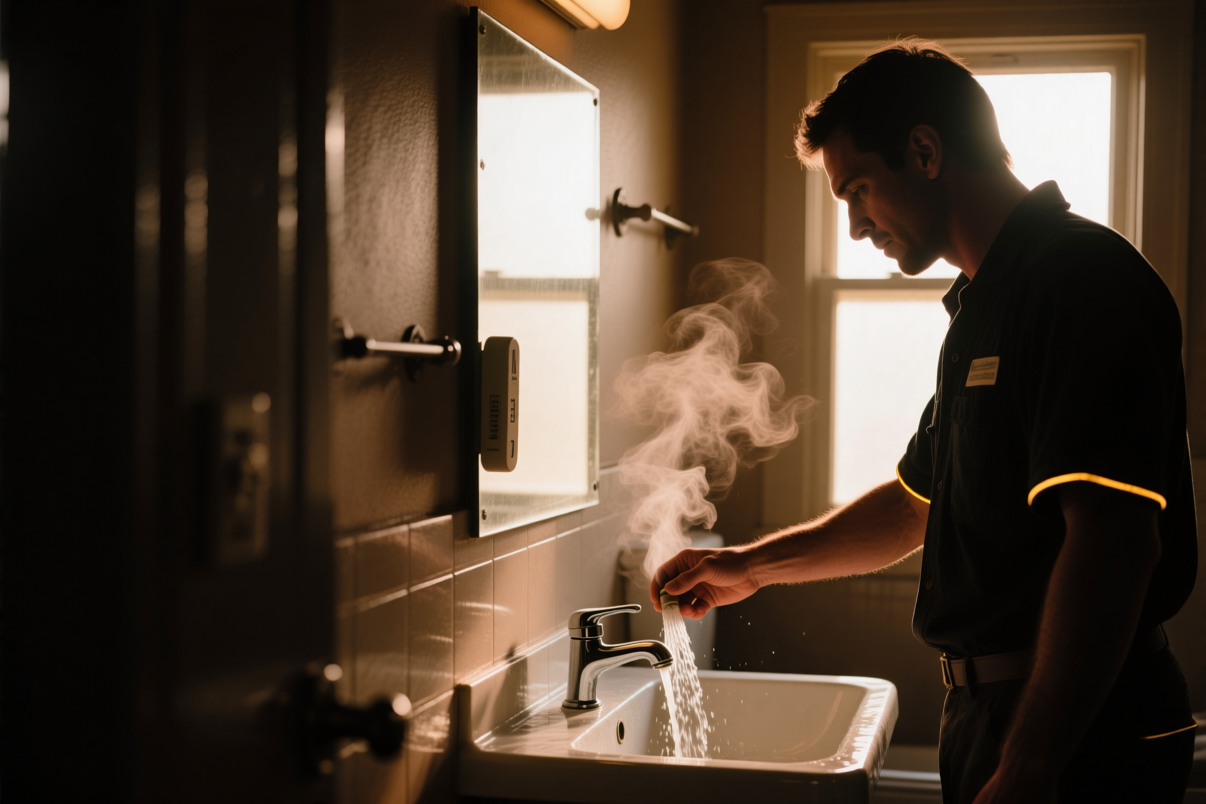 A technician checking hot water flow and temperature at a fixture fed by a tankless unit