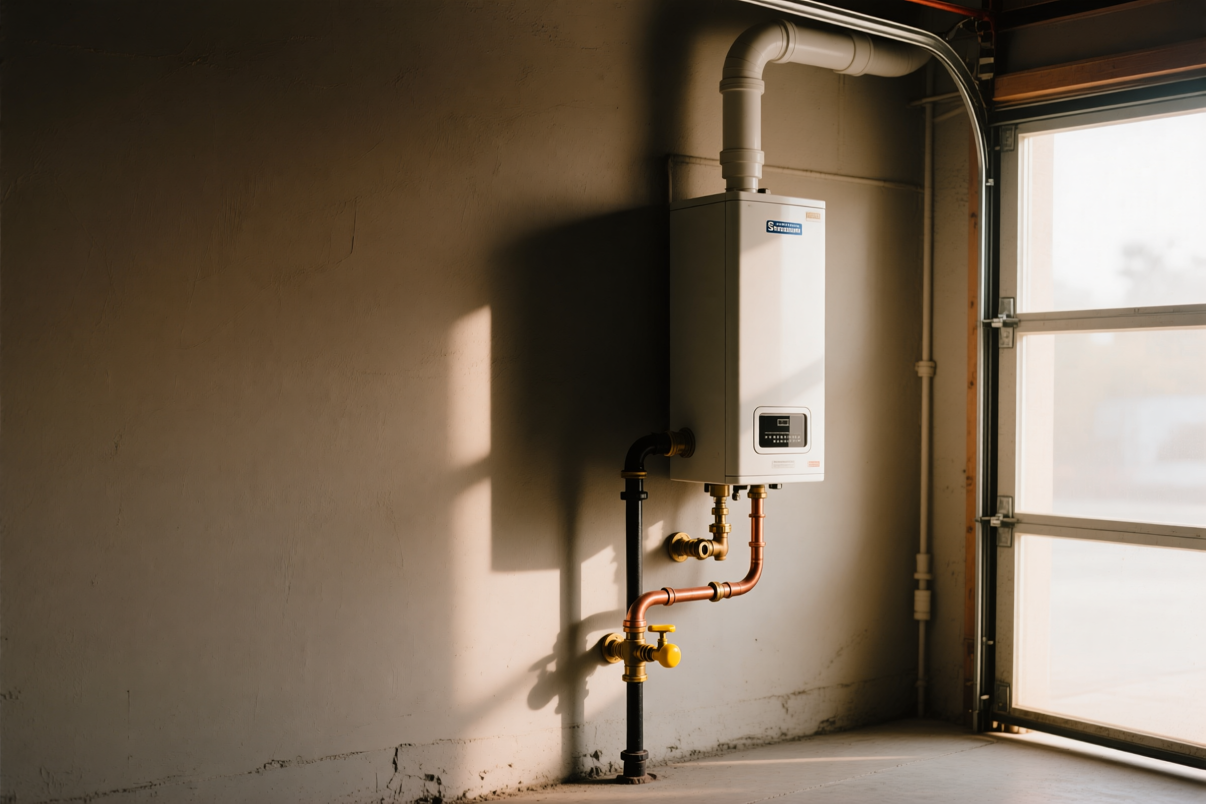 A wall-mounted tankless water heater in a garage with its gas and water lines plumbed below